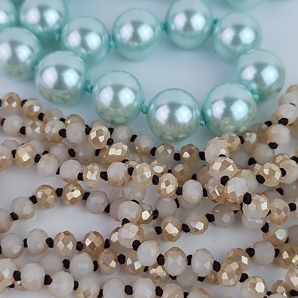 Vintage Glass Bead Necklace Lot 2 Aqua Faux Pearl Gold Tone Faceted Beads 54 in